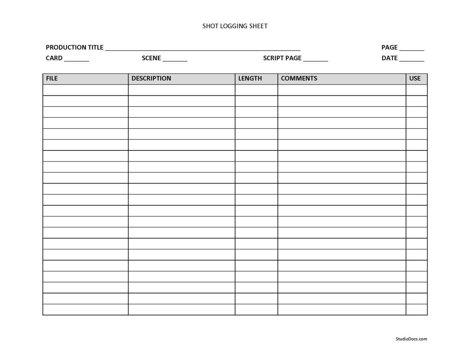 Shot Logging Sheet - StudioDocs