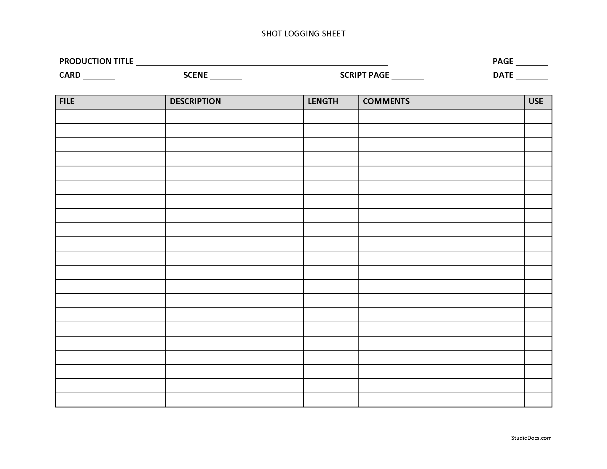 Shot Logging Sheet - StudioDocs