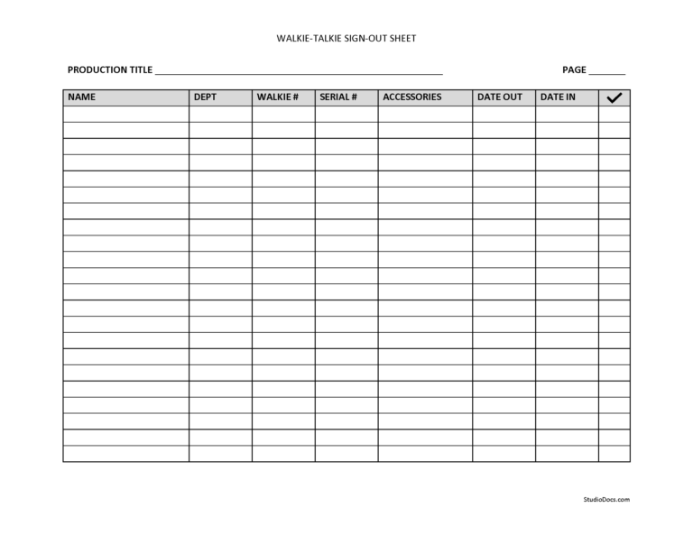 Walkie Talkie Sign Out Sheet - StudioDocs